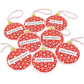 A set of personalised Christmas ornament tags with red and white geometric patterns, gold glitter accents, and red-and-white striped hanging twine, each printed with a different first name.