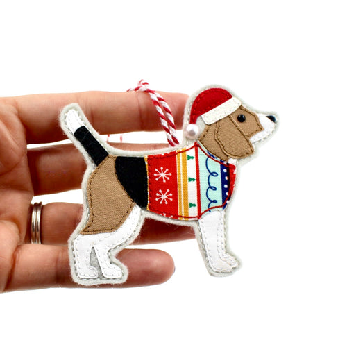 Handmade cotton and felt Beagle dog decoration, held in hand for size reference, perfect gift for pet lovers
