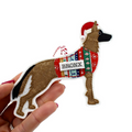 Personalised handmade Belgian Malinois dog decoration with name, held in hand for size reference, perfect gift for pet lovers