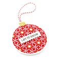 A personalised Christmas bauble decoration with red and white candy stripes, glitter, and felt fabrics, including a hanging twine.