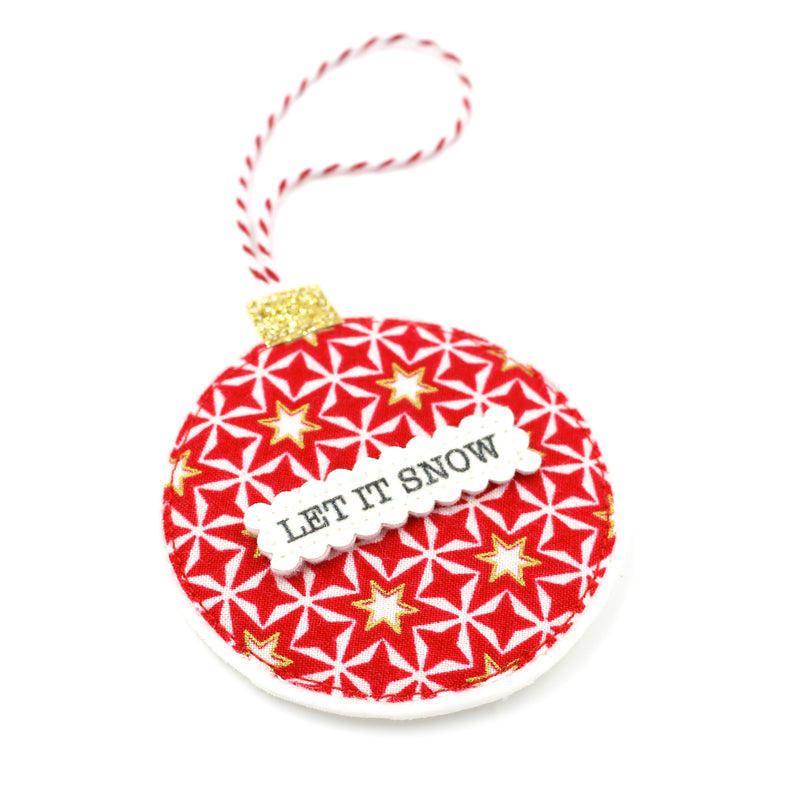 A personalised Christmas bauble decoration with red and white candy stripes, glitter, and felt fabrics, including a hanging twine.