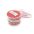Personalised round Christmas ornaments featuring a red and white geometric star pattern with gold star accents, white wording labels, and a red-and-white striped hanging string with a gold glitter cap.